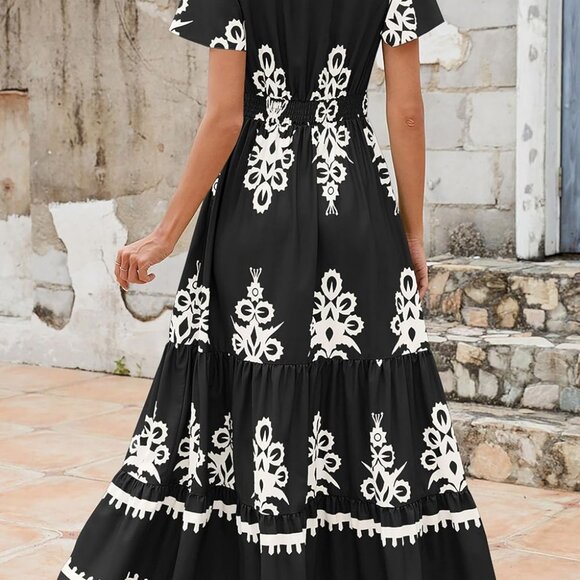 Women's Summer Boho Maxi Dress V-Neck Floral Flowy A-Line Pockets - Picture 3 of 9